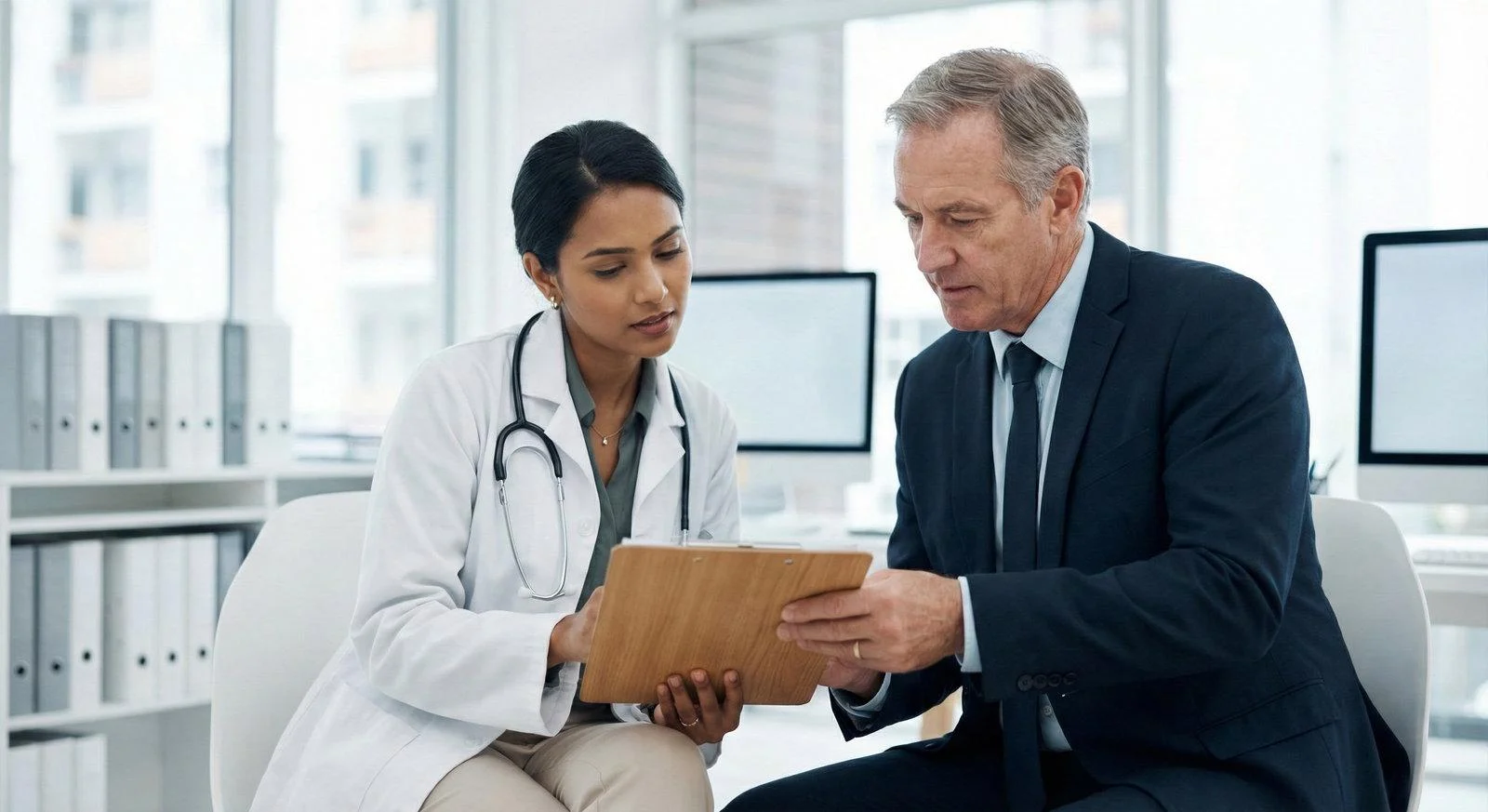 A SEVA Healthcare team member reviews insurance paperwork with a patient