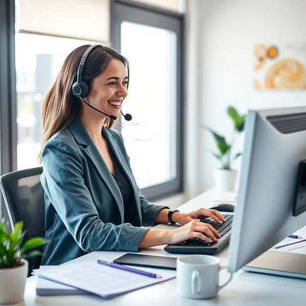 A SEVA Healthcare support coordinator on a headset at her desk